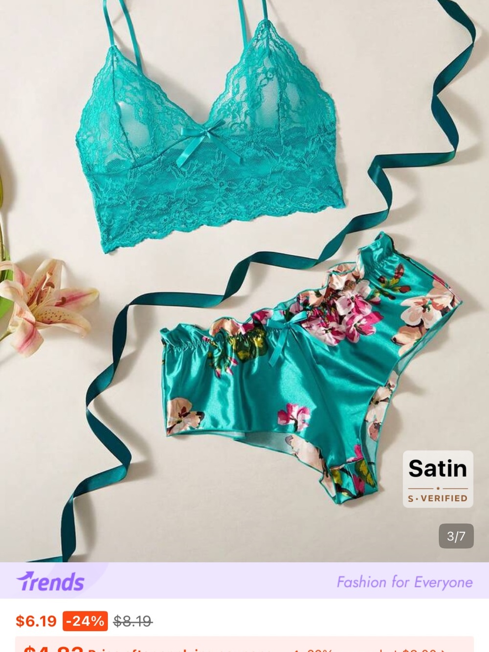 Turquoise Lace Bralette Satin Floral Brief Set elorette 10 XL nwt - Picture 5 of 5